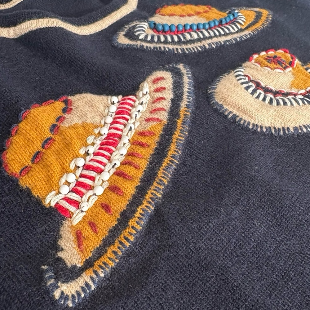 Tory Burch 100% Merino Wool Navy Hand Embroidered Beaded Sunhat Print Sweater M - Picture 10 of 15